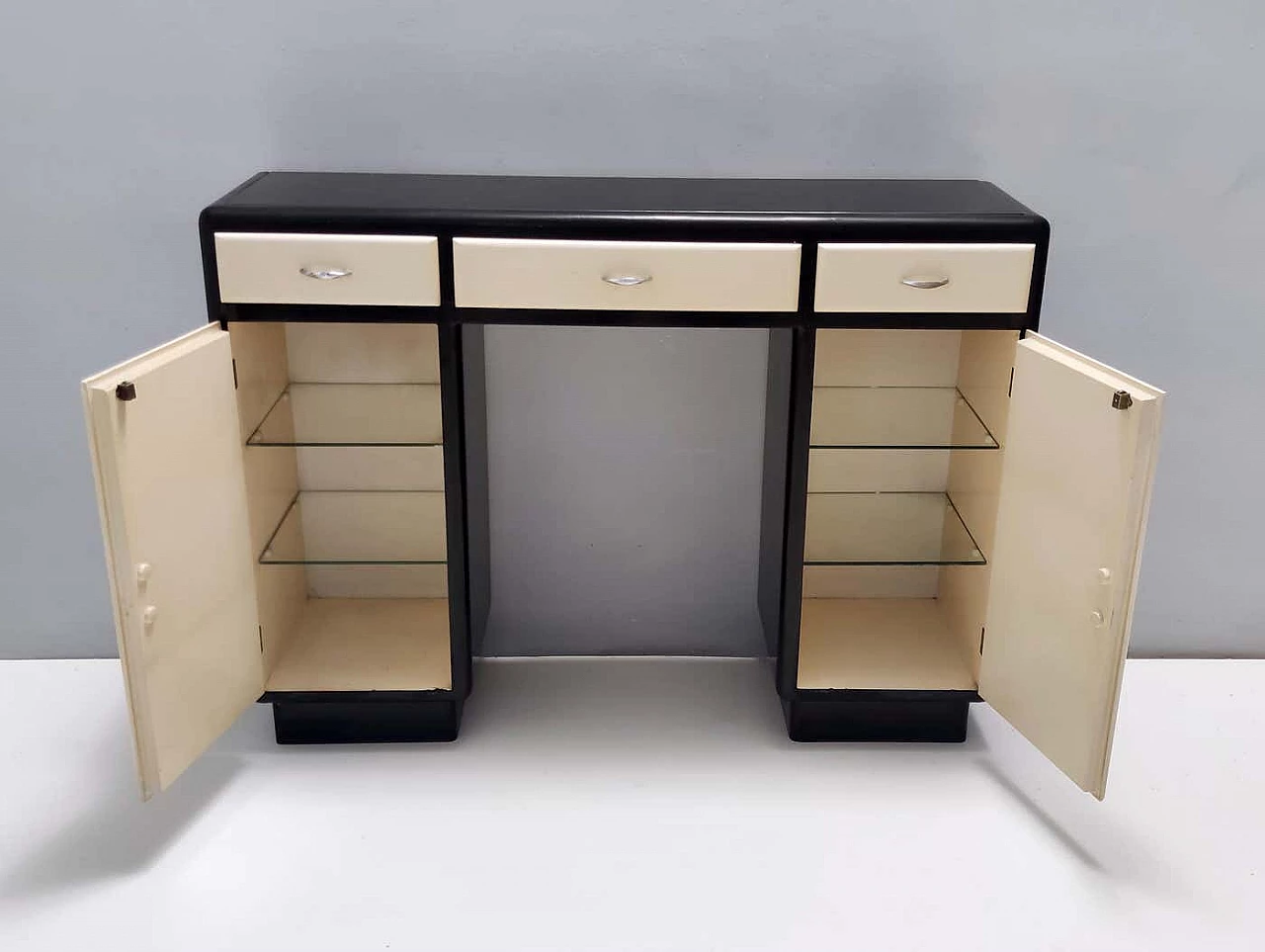 Lacquered beech console table with black opaline glass top and nickel-plated brass handles, 1940s 3