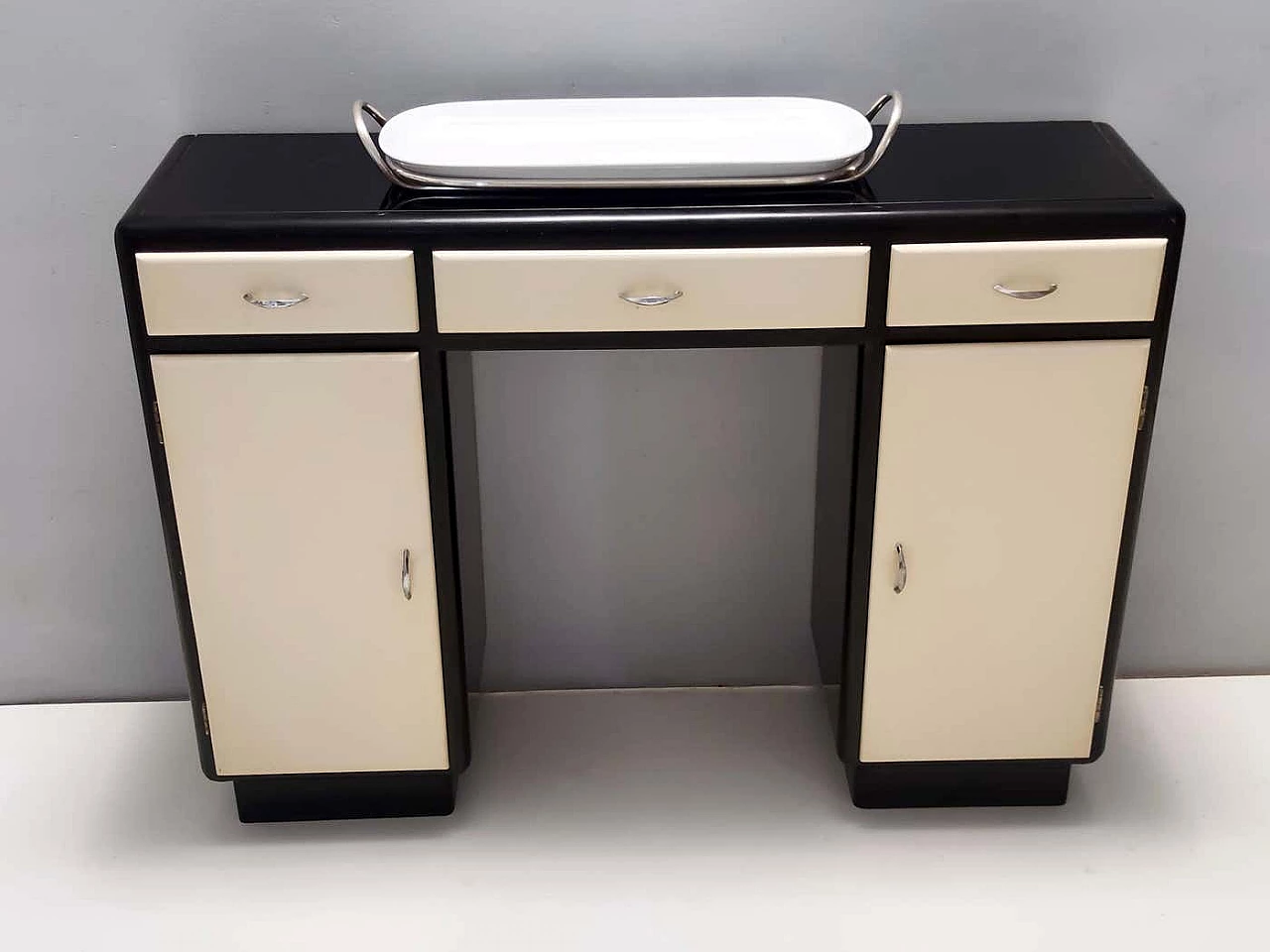 Lacquered beech console table with black opaline glass top and nickel-plated brass handles, 1940s 6