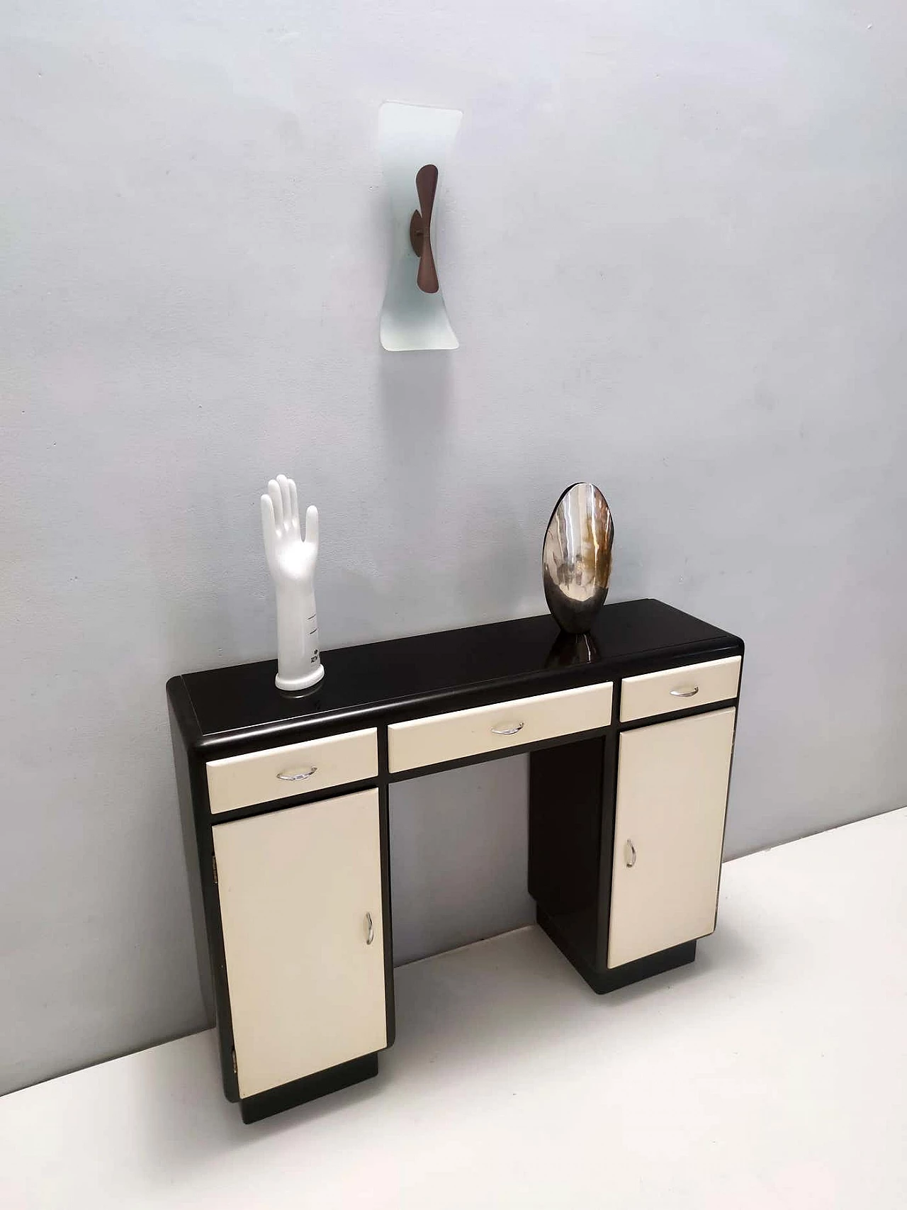 Lacquered beech console table with black opaline glass top and nickel-plated brass handles, 1940s 7
