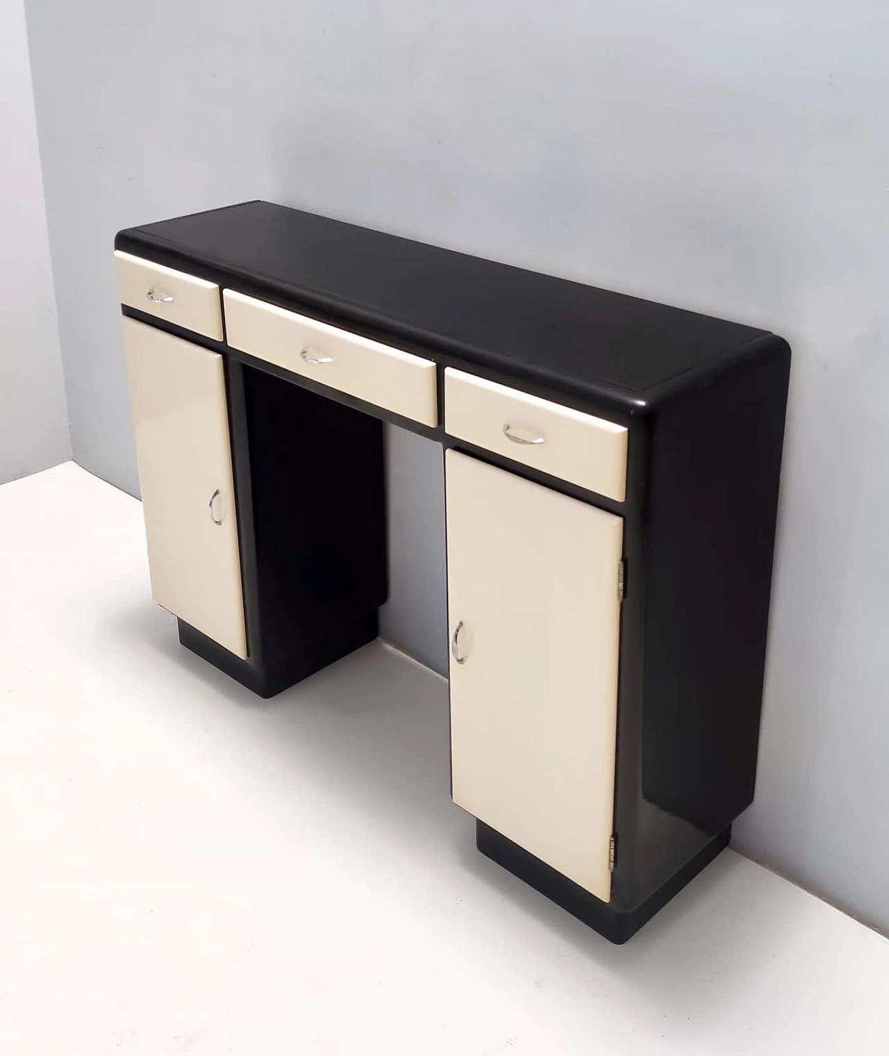 Lacquered beech console table with black opaline glass top and nickel-plated brass handles, 1940s 9