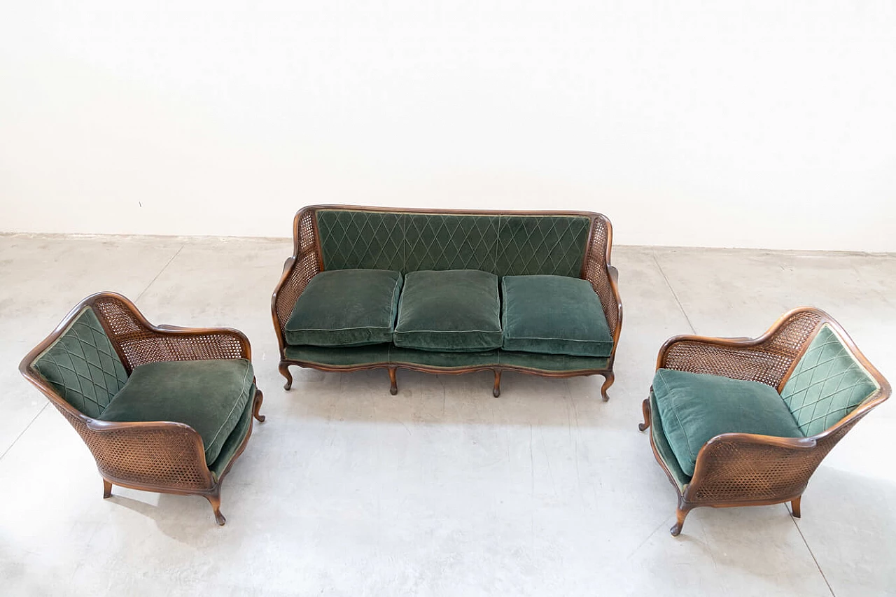 Three-seater sofa and a pair of armchairs in Vienna straw and green velvet with reliefs, 1950s 1