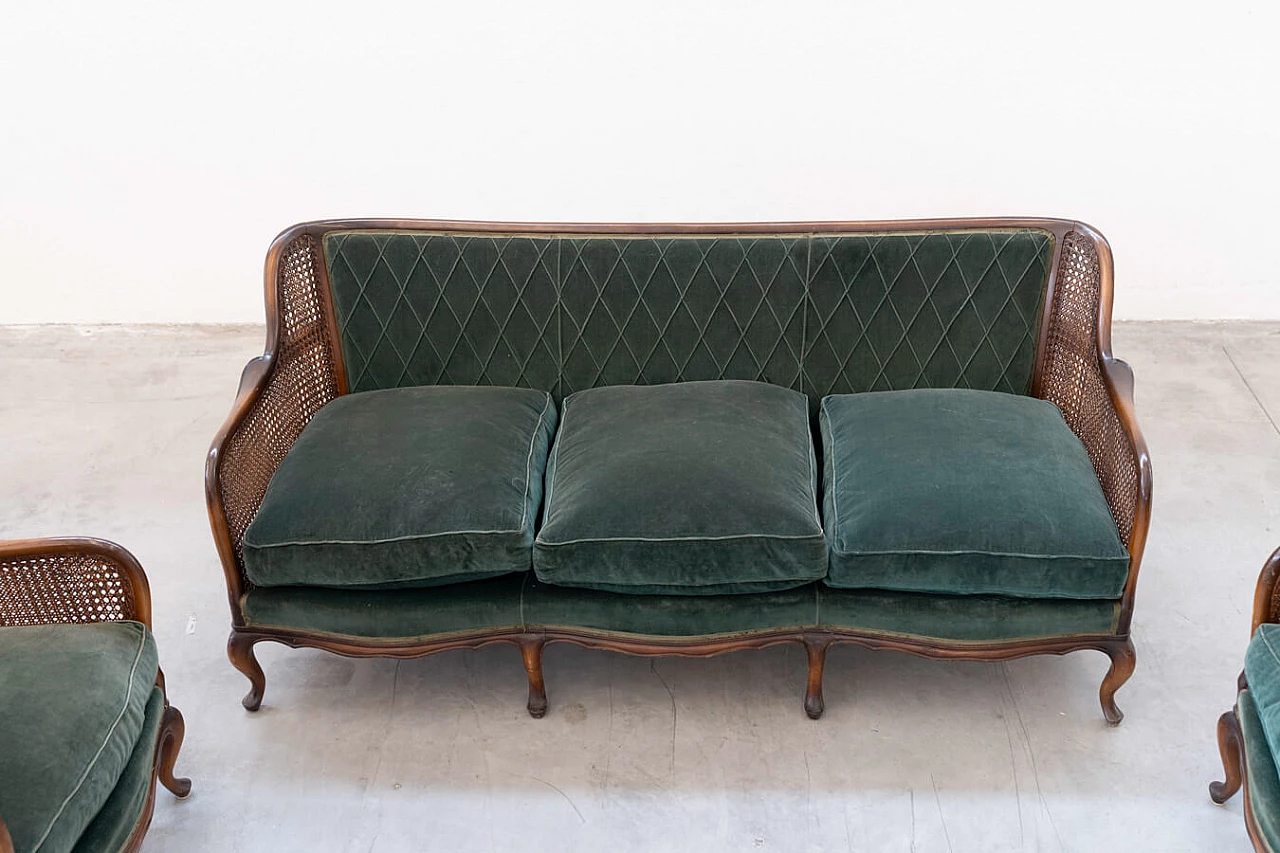 Three-seater sofa and a pair of armchairs in Vienna straw and green velvet with reliefs, 1950s 2