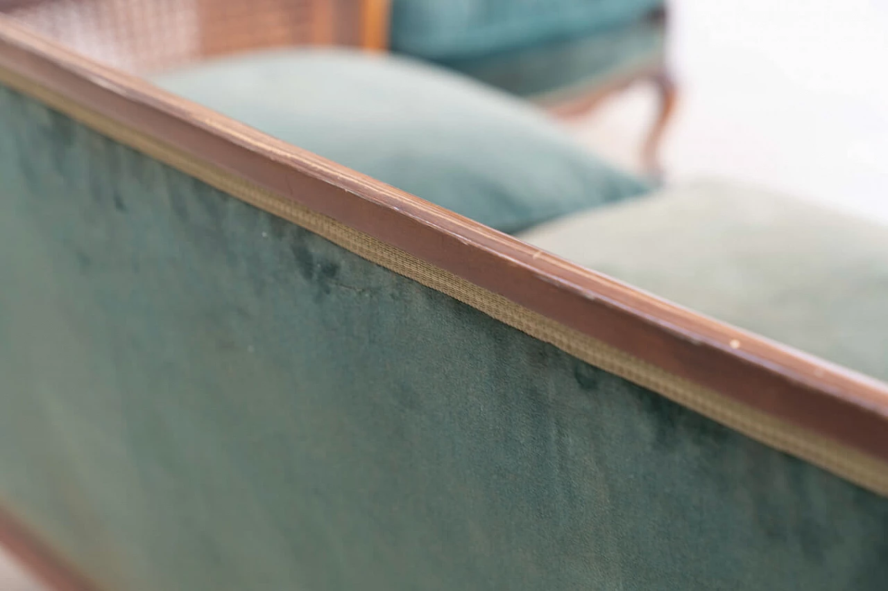 Divano a tre posti e coppia di poltrone in paglia di Vienna e velluto verde con rilievi, anni '50 6