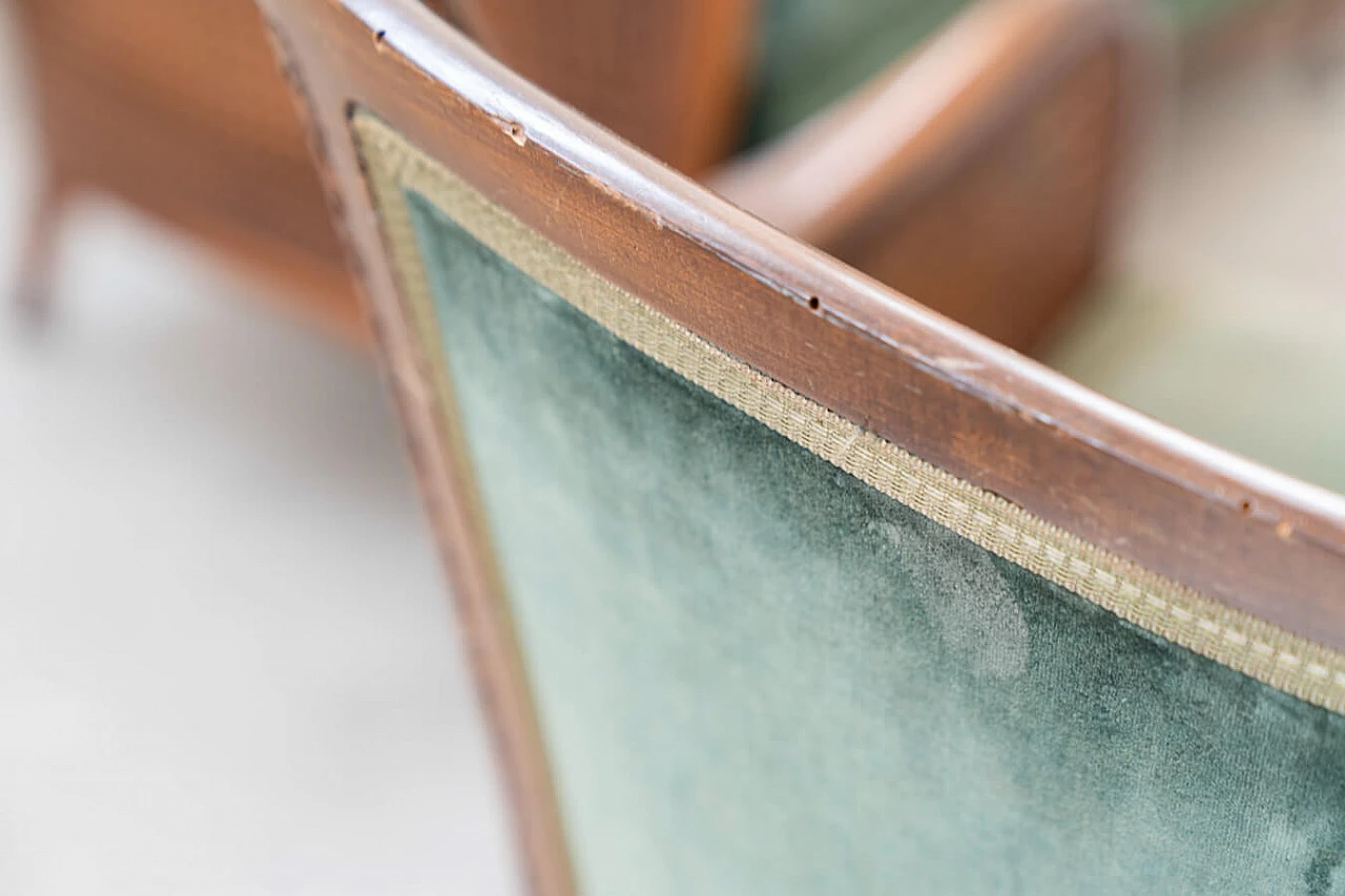 Divano a tre posti e coppia di poltrone in paglia di Vienna e velluto verde con rilievi, anni '50 13