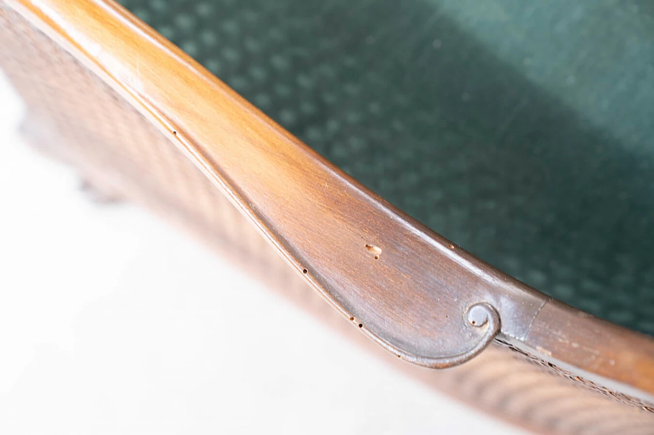 Divano a tre posti e coppia di poltrone in paglia di Vienna e velluto verde con rilievi, anni '50 18