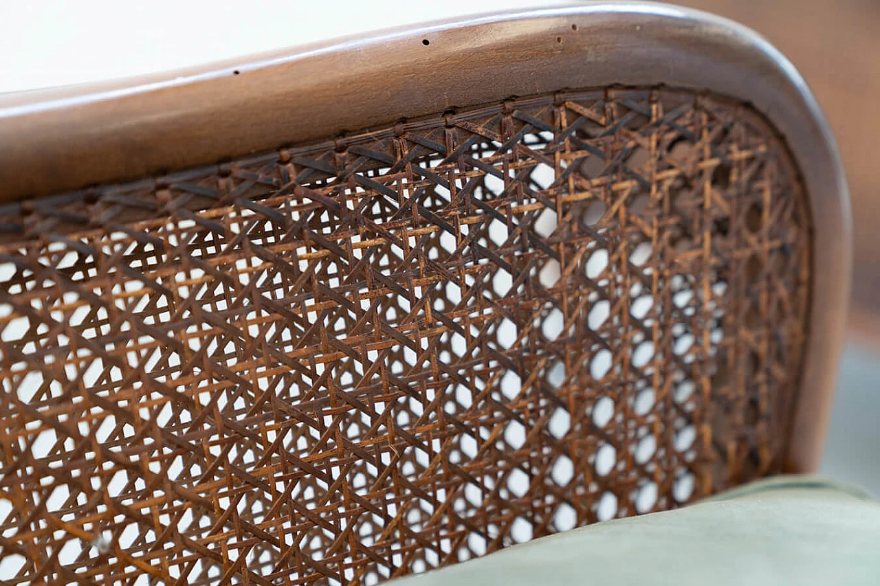 Divano a tre posti e coppia di poltrone in paglia di Vienna e velluto verde con rilievi, anni '50 23