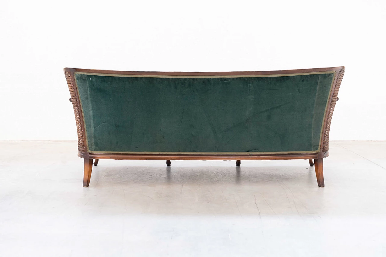 Three-seater sofa and a pair of armchairs in Vienna straw and green velvet with reliefs, 1950s 24