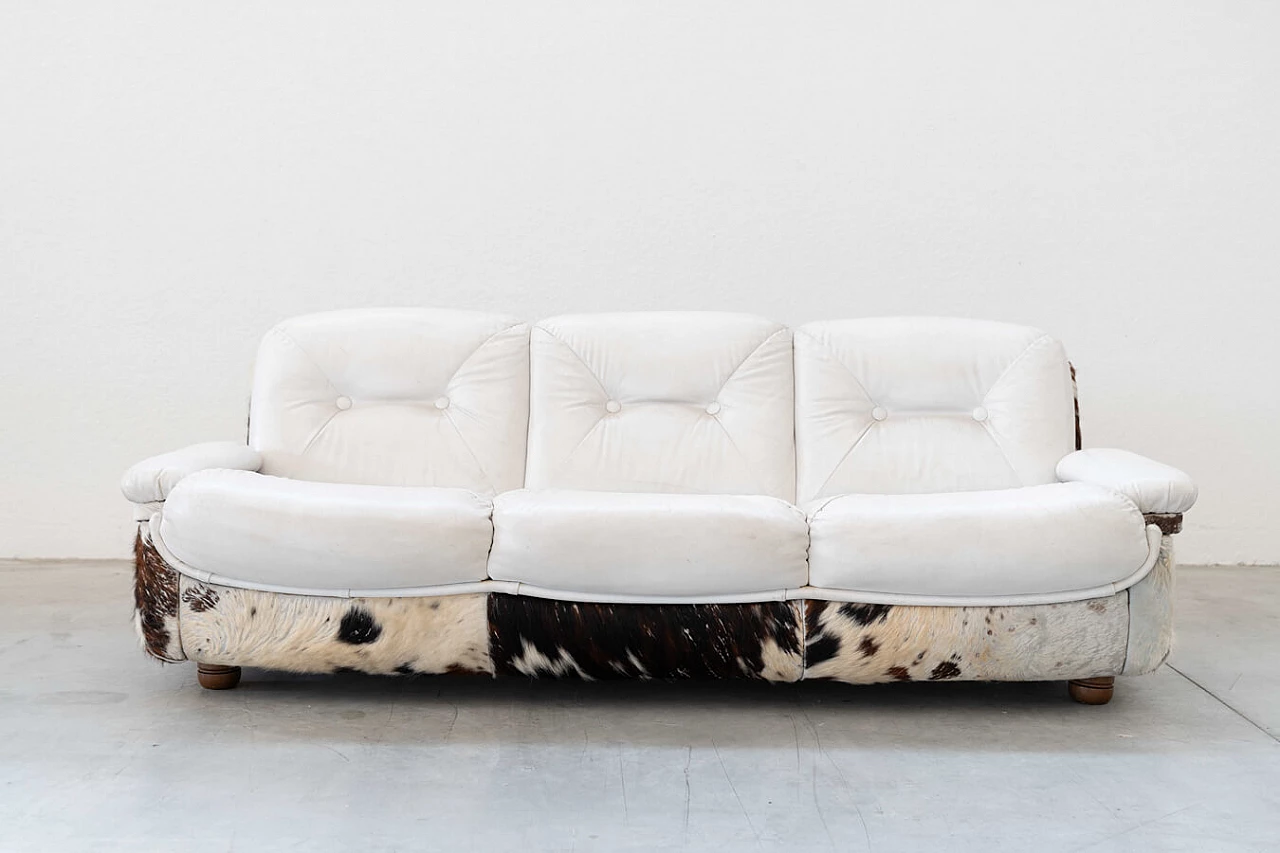 Three-seater sofa and pair of armchairs in wood, leatherette and cowhide, 1970s 1