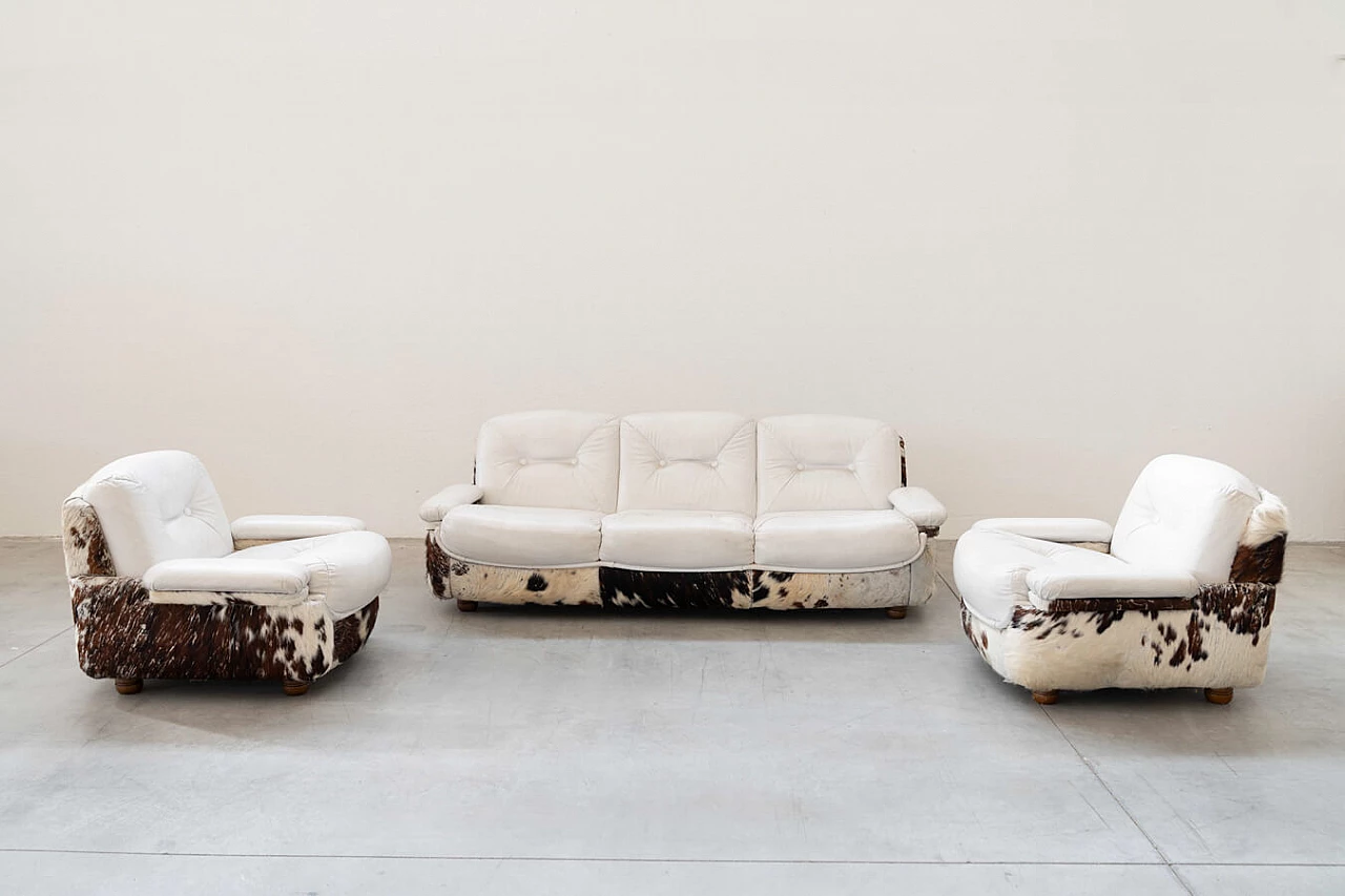 Three-seater sofa and pair of armchairs in wood, leatherette and cowhide, 1970s 15