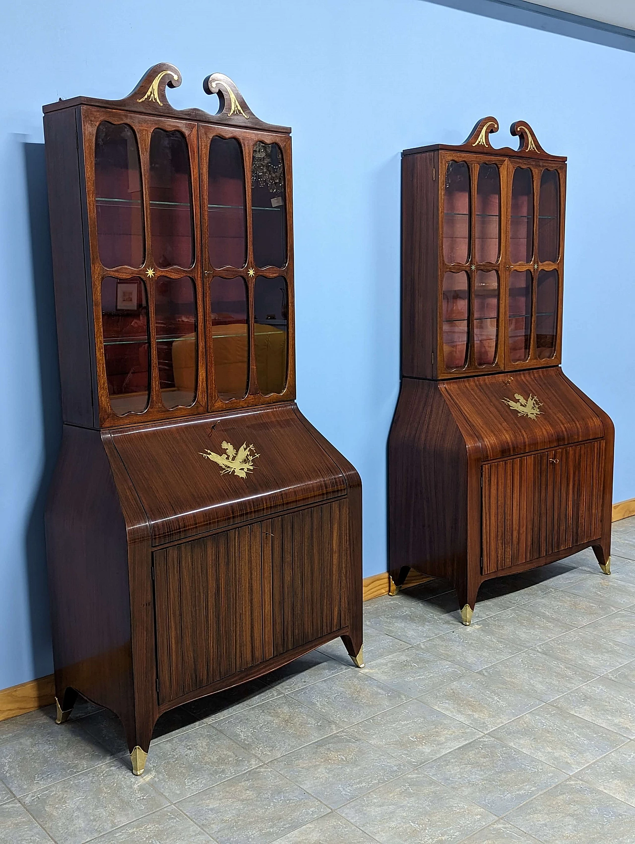 Pair of rosewood trumeau with brass inlays by Paolo Buffa, 1940s 5