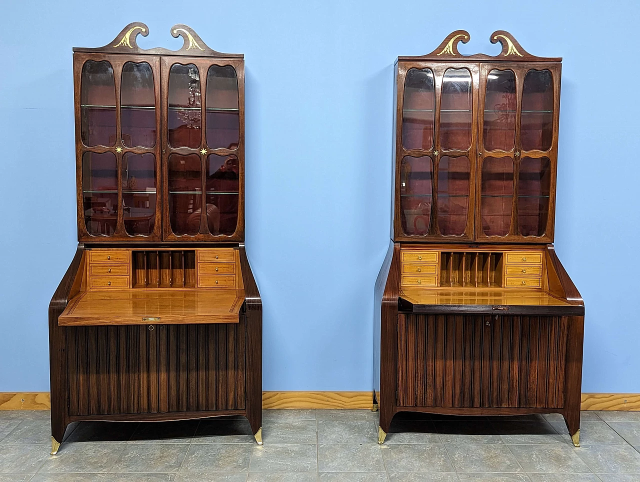 Pair of rosewood trumeau with brass inlays by Paolo Buffa, 1940s 15