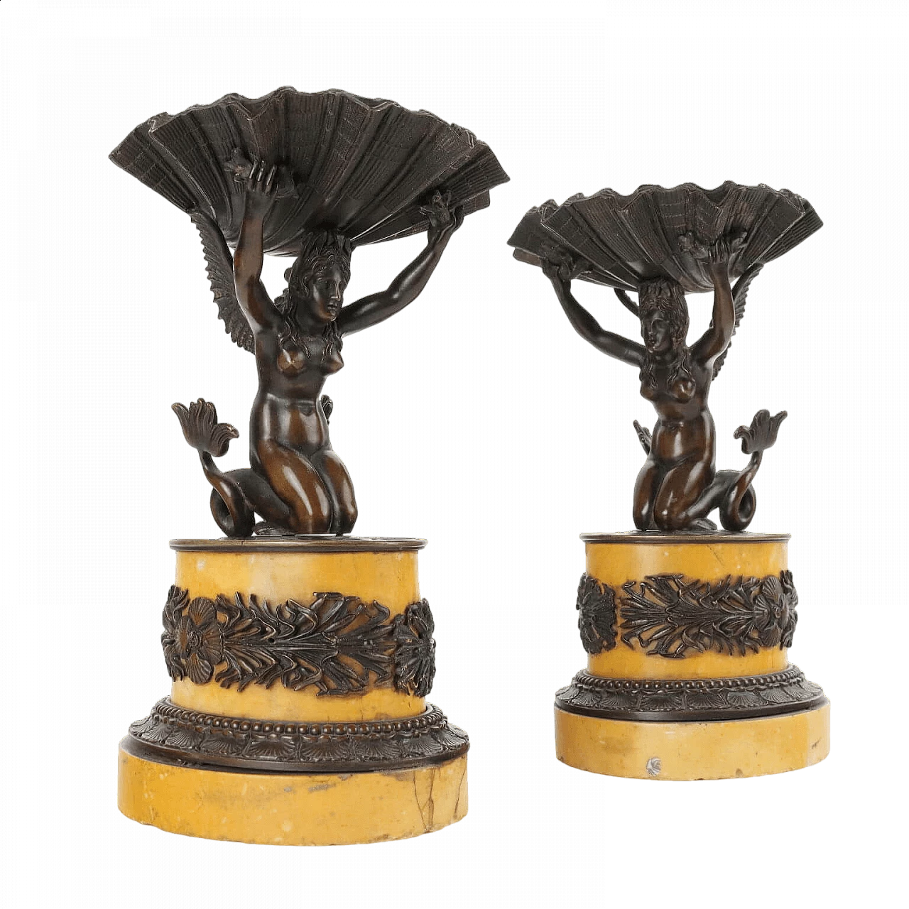 Coppia di alzatine in bronzo e marmo giallo di Siena, primo quarto '800 11