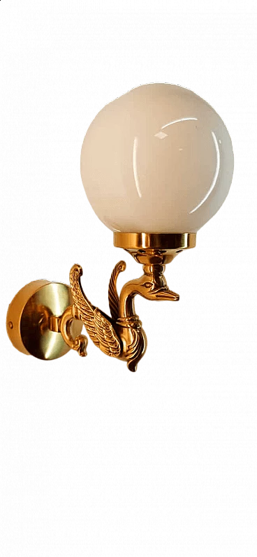 Wall light with brass swan and spherical glass diffuser, 1960s