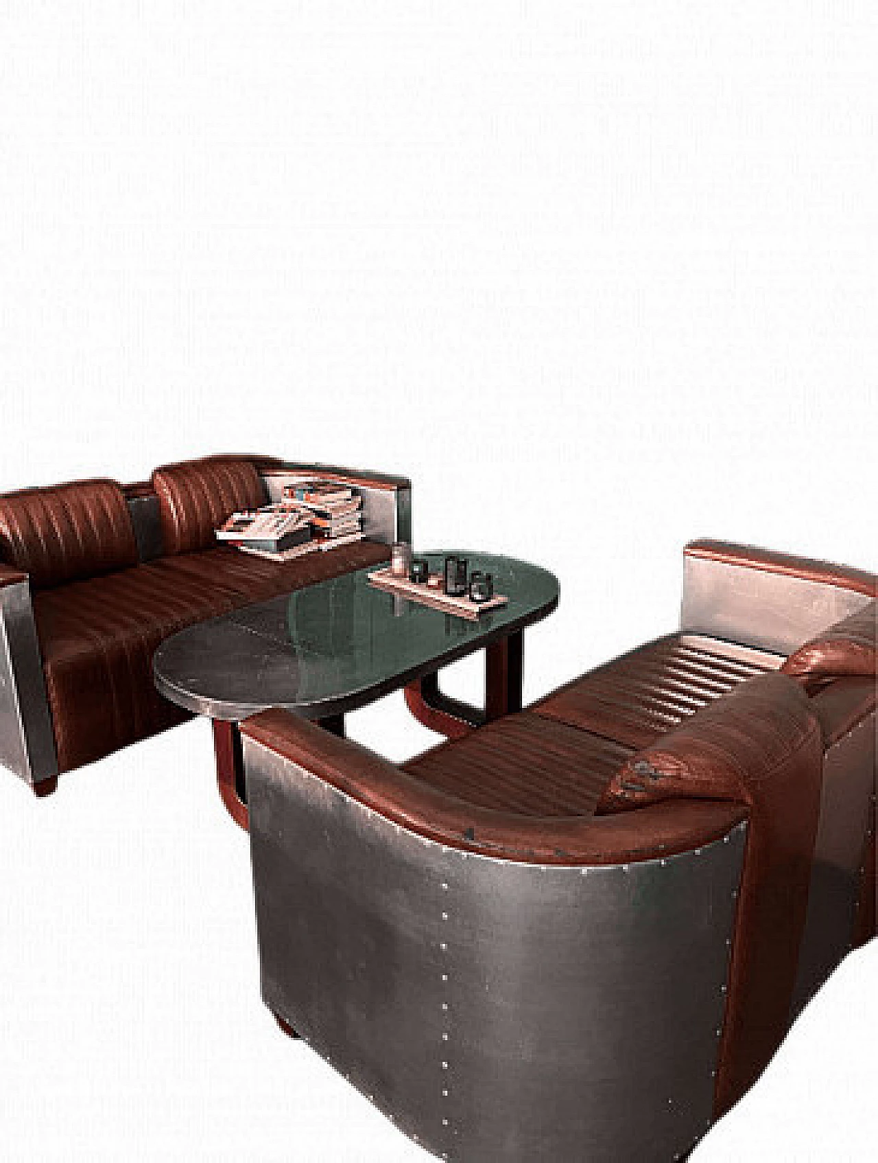 Pair of leather and metal Art Deco sofas and coffee table, 2000s 13