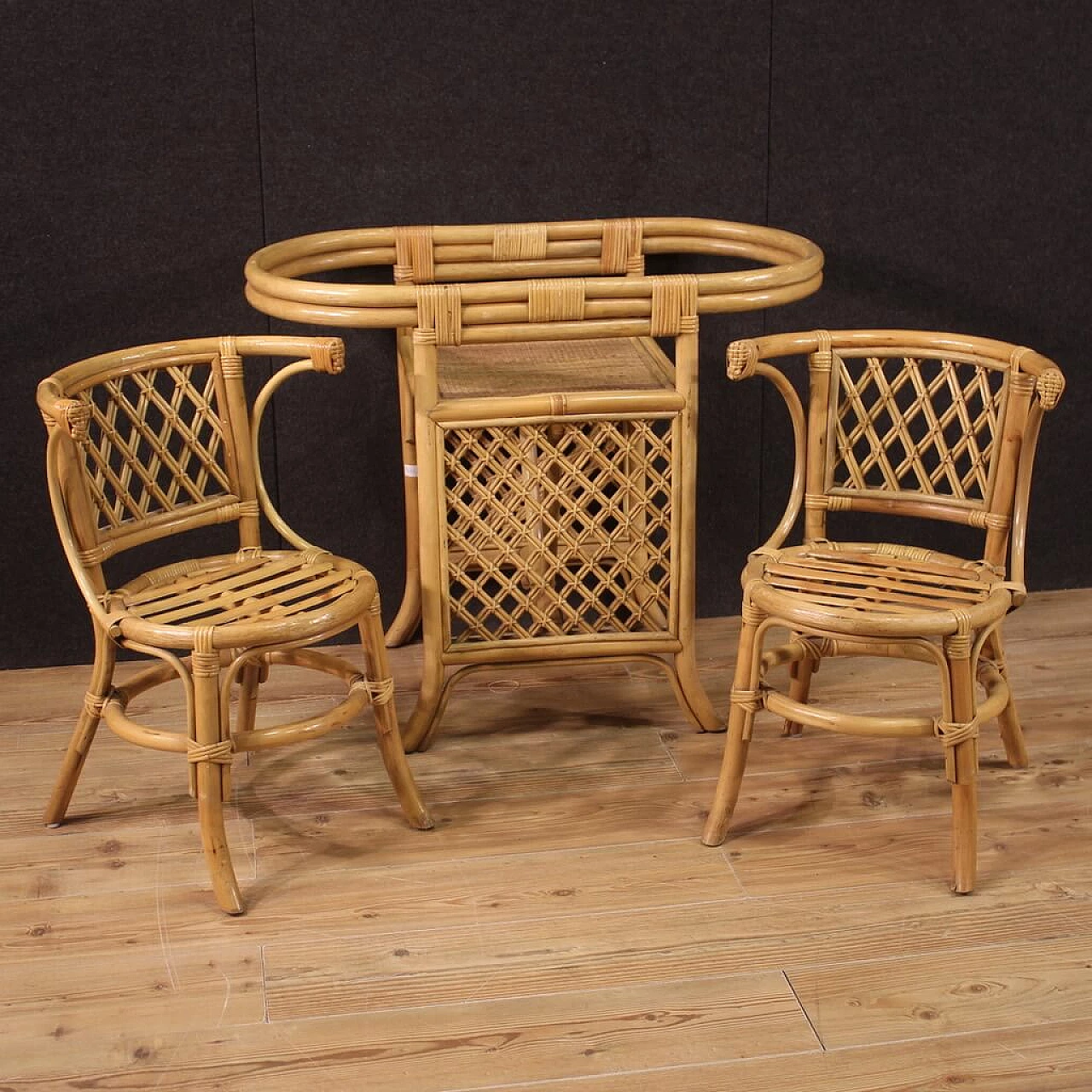 Coffee table and pair of chairs in bamboo, woven wood and rattan, 1970s 1
