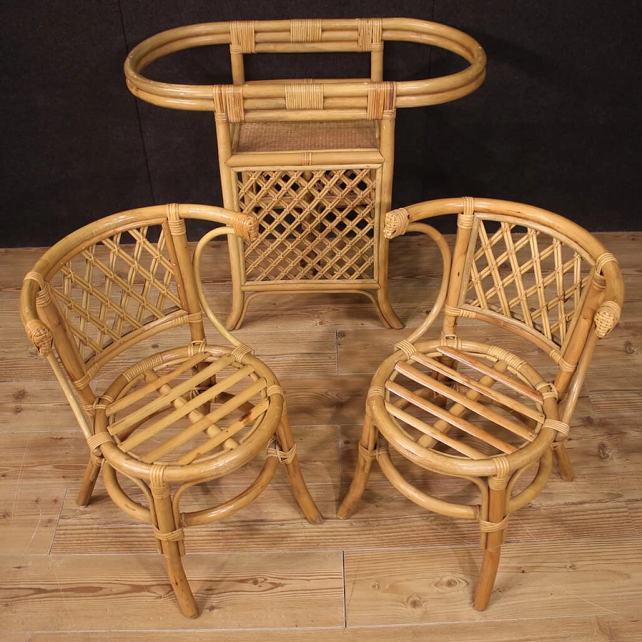 Coffee table and pair of chairs in bamboo, woven wood and rattan, 1970s 2