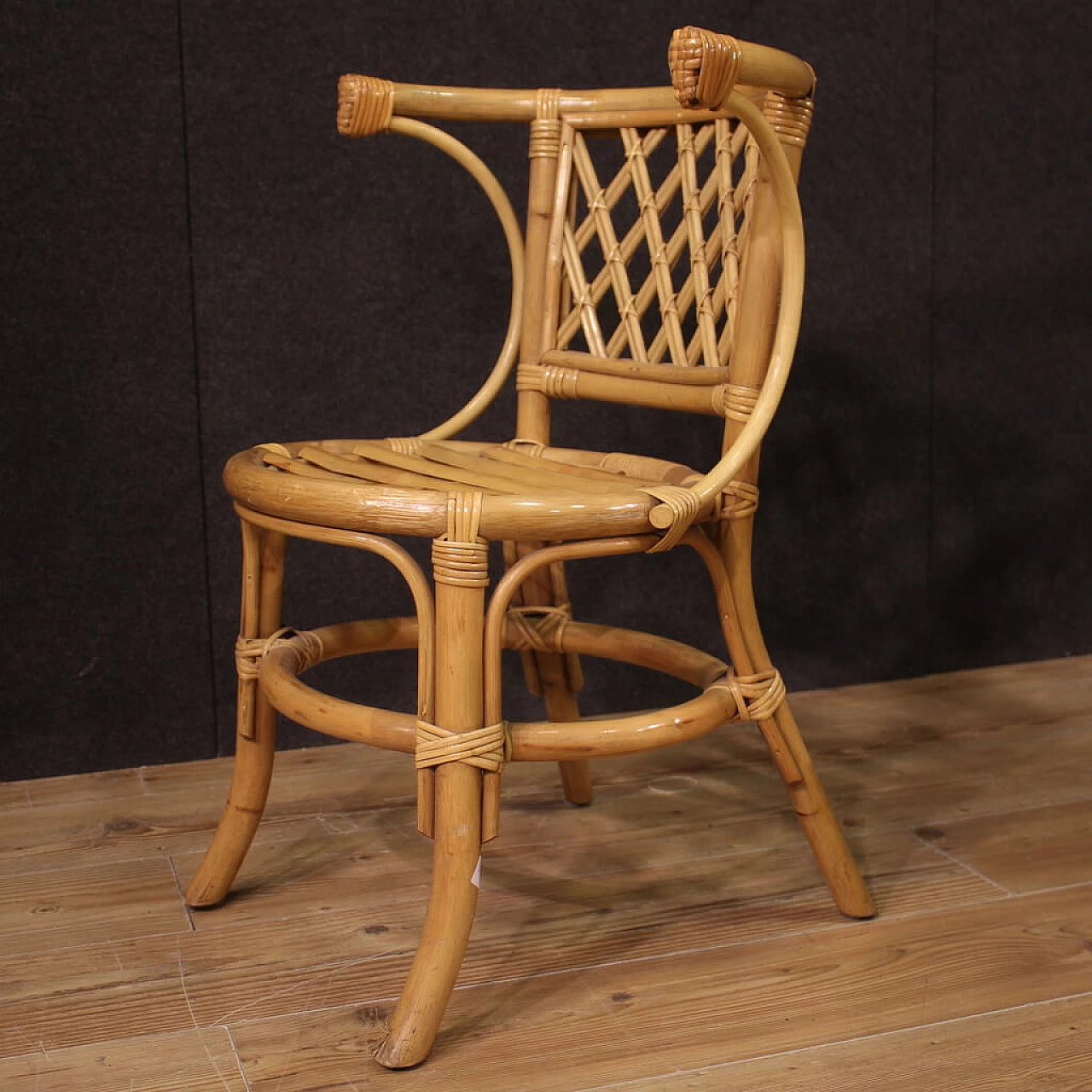 Coffee table and pair of chairs in bamboo, woven wood and rattan, 1970s 4