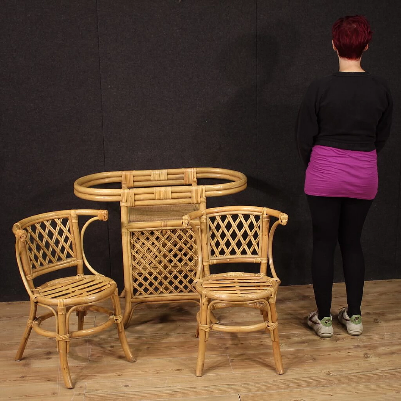 Coffee table and pair of chairs in bamboo, woven wood and rattan, 1970s 6