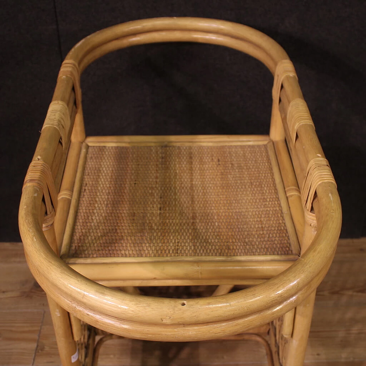 Coffee table and pair of chairs in bamboo, woven wood and rattan, 1970s 8