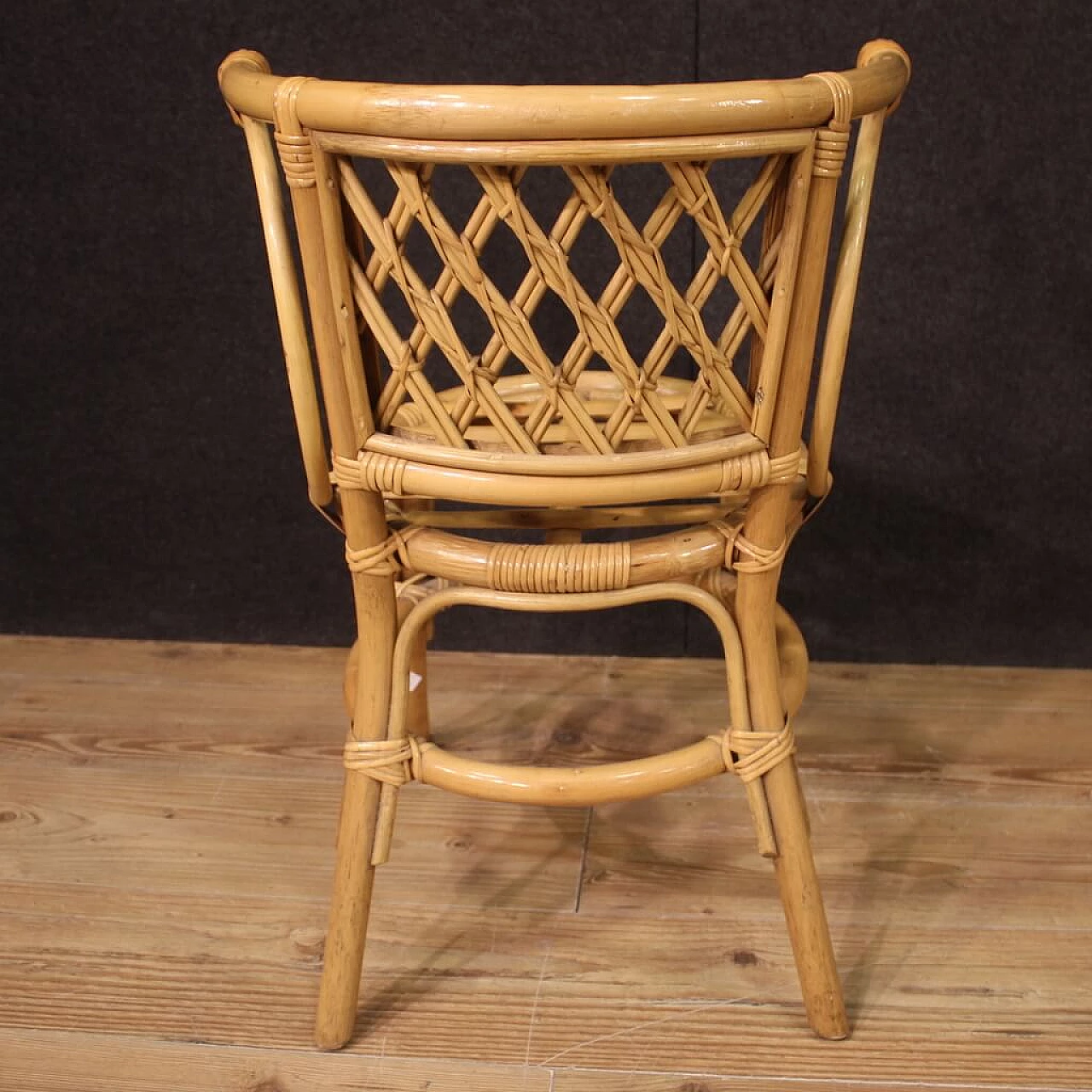 Coffee table and pair of chairs in bamboo, woven wood and rattan, 1970s 11