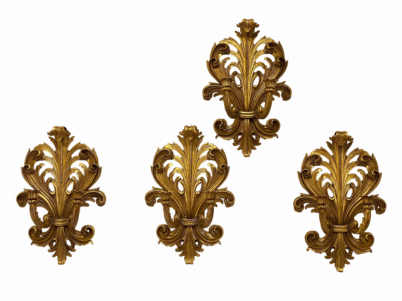 4 Two-light gilded wooden wall sconces, 1960s 15