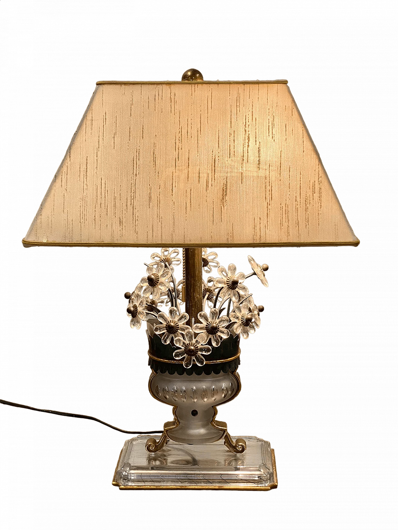 Lacquered metal, brass, crystal, glass and fabric table lamp in Maison Bagues style, 1970s 19