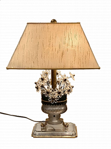 Lacquered metal, brass, crystal, glass and fabric table lamp in Maison Bagues style, 1970s