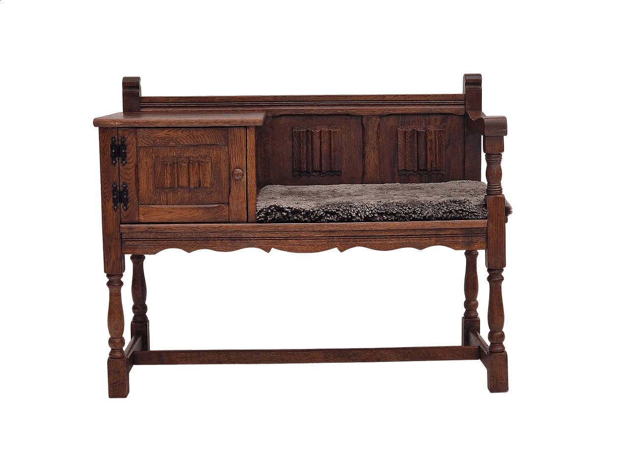 Scandinavian oak bench with sheepskin seat and cabinet, 1950s 16