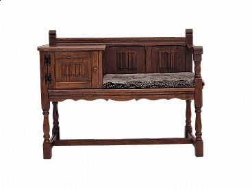 Scandinavian oak bench with sheepskin seat and cabinet, 1950s