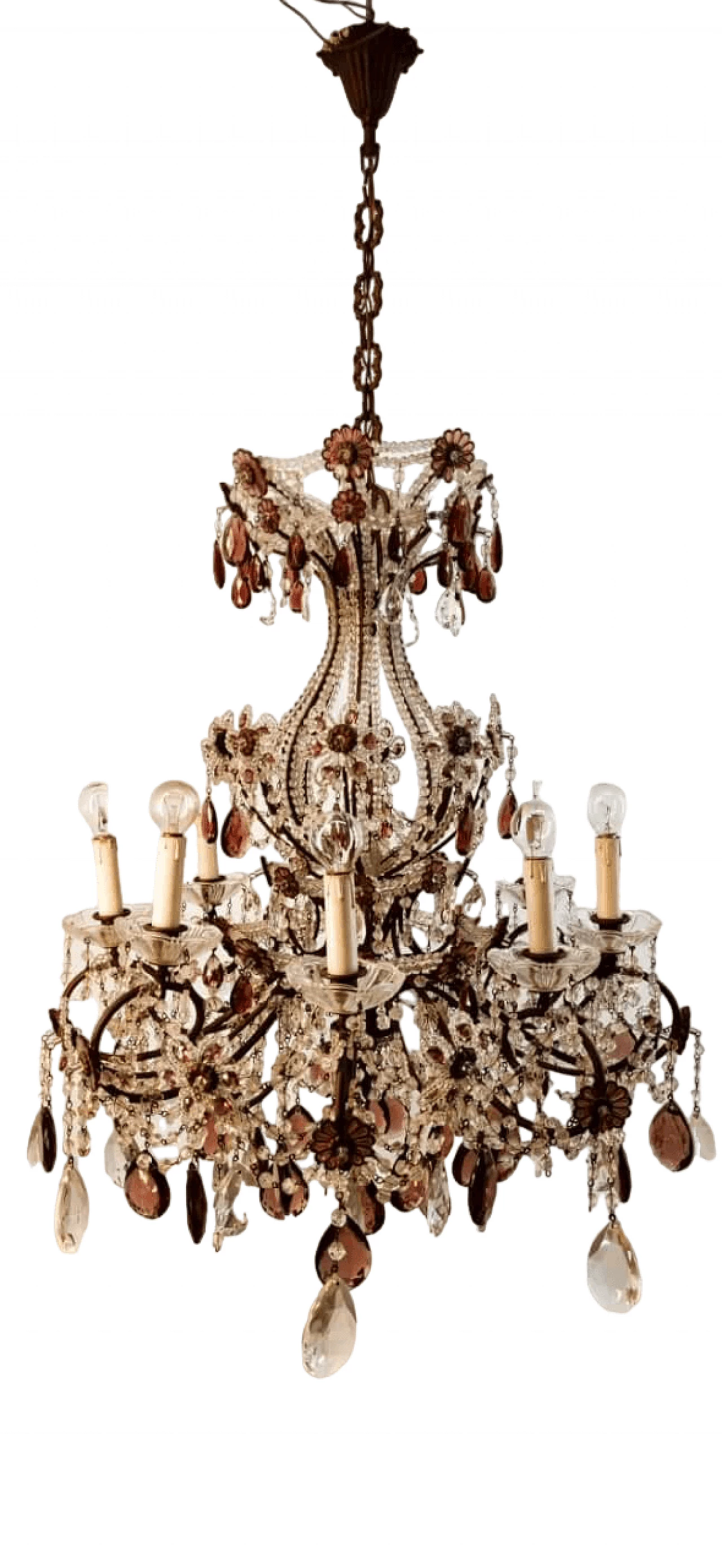 Eight-light brass and transparent and purple crystal chandelier, 1950s 23