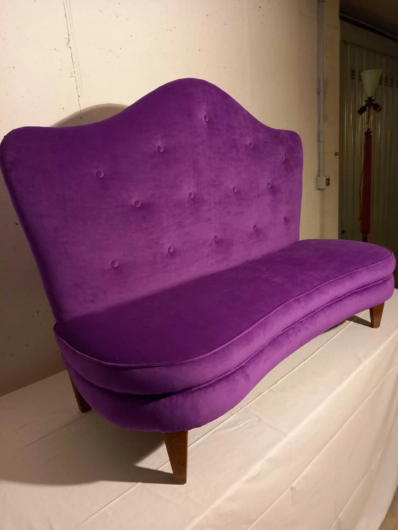 Wood and purple velvet sofa, 1940s 2
