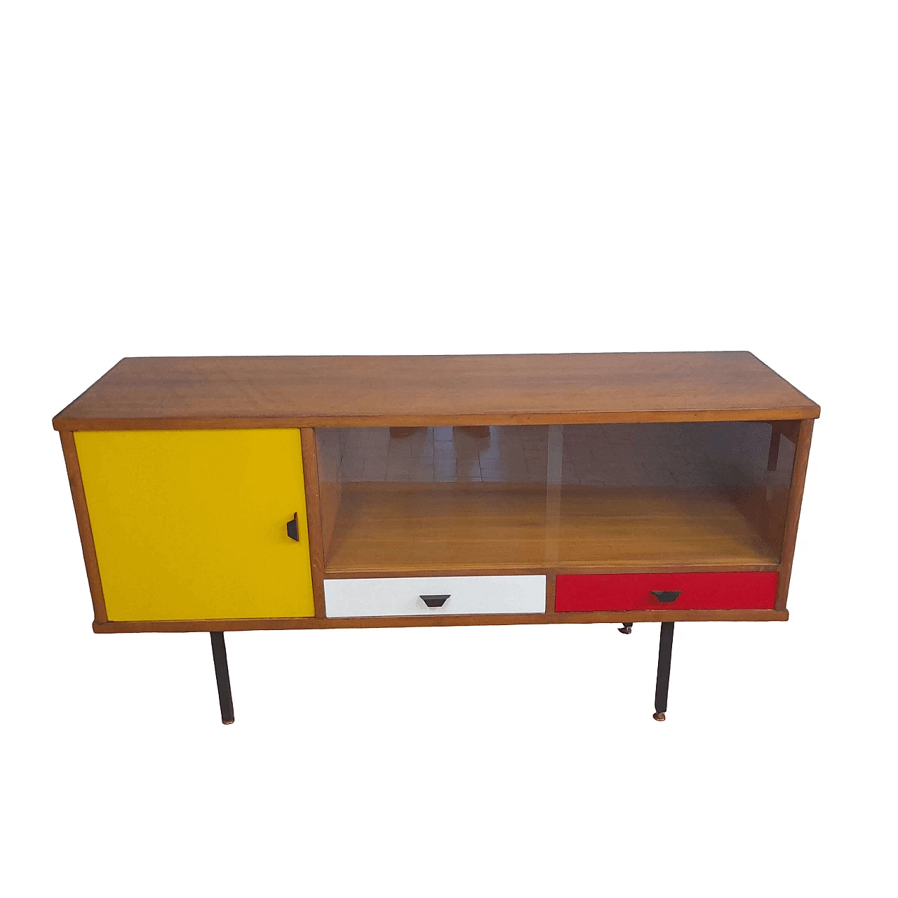 Multicolored lacquered oak and glass sideboard, 1970s 14