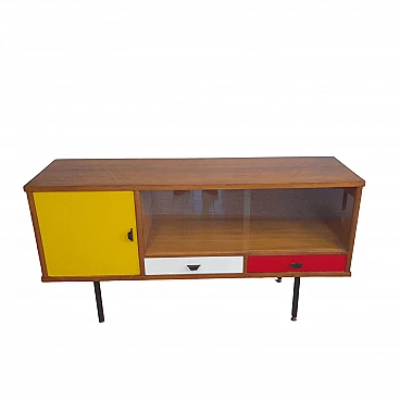Multicolored lacquered oak and glass sideboard, 1970s