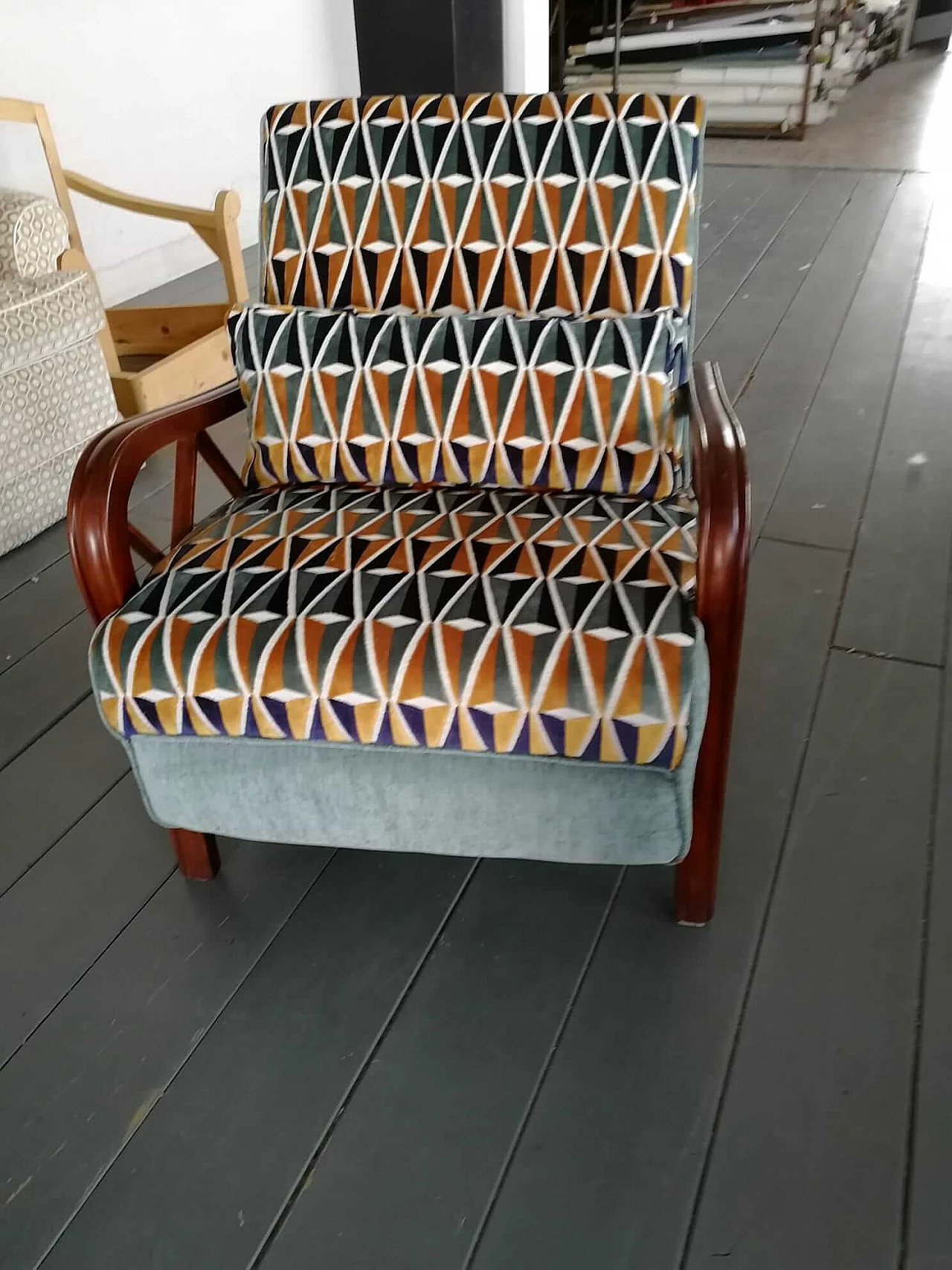 Velvet armchair with wooden frame and armrests, 1950s 1