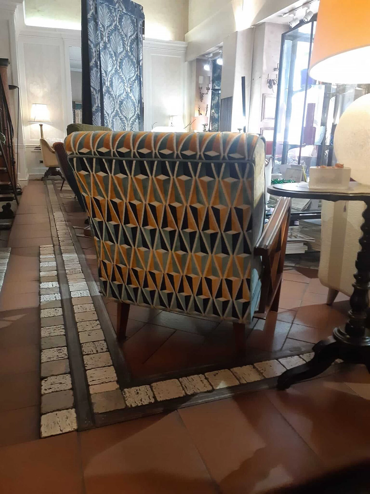 Velvet armchair with wooden frame and armrests, 1950s 3