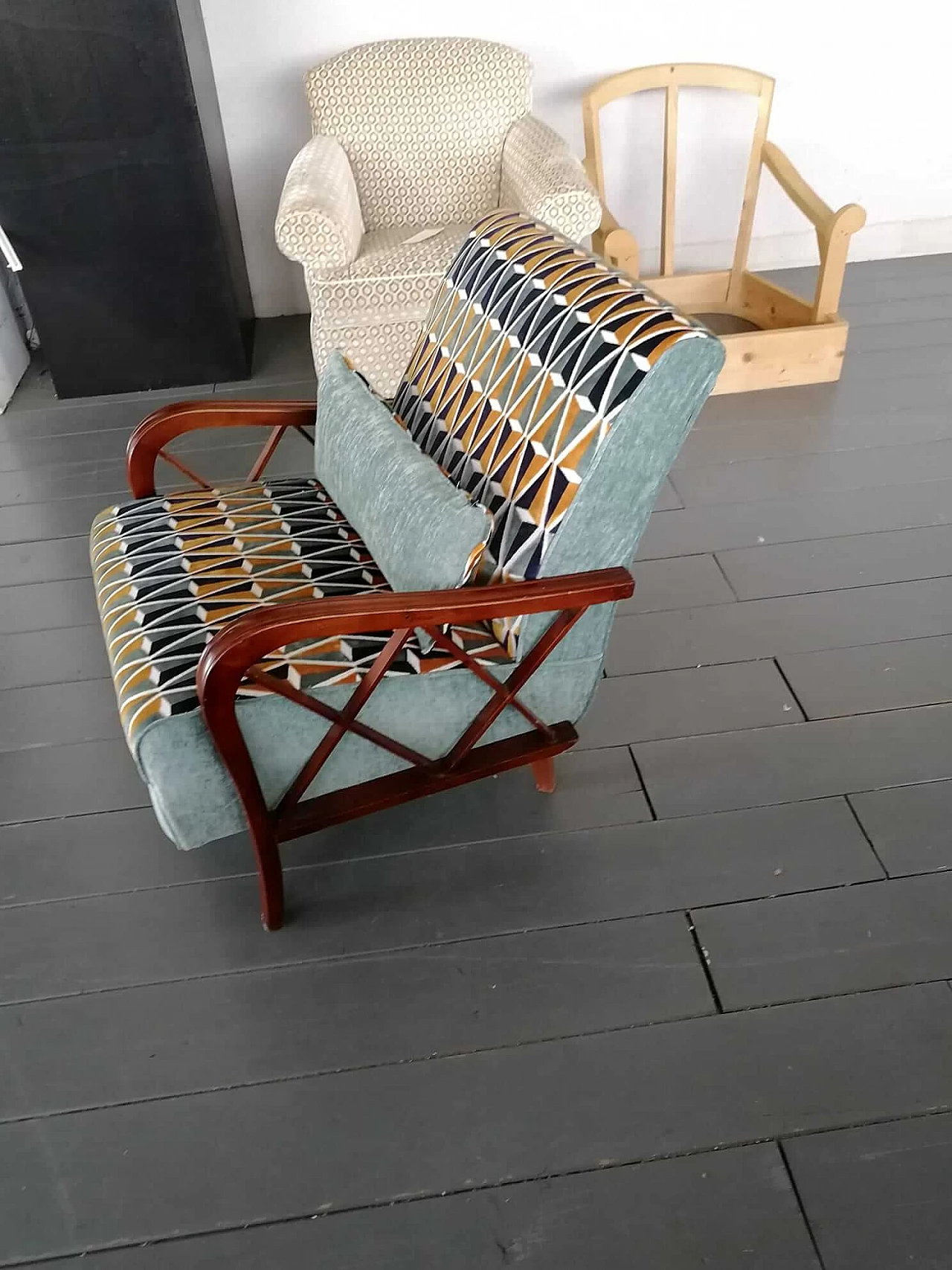 Velvet armchair with wooden frame and armrests, 1950s 4