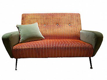 Two-seater metal and orange and green velvet sofa, 1950s