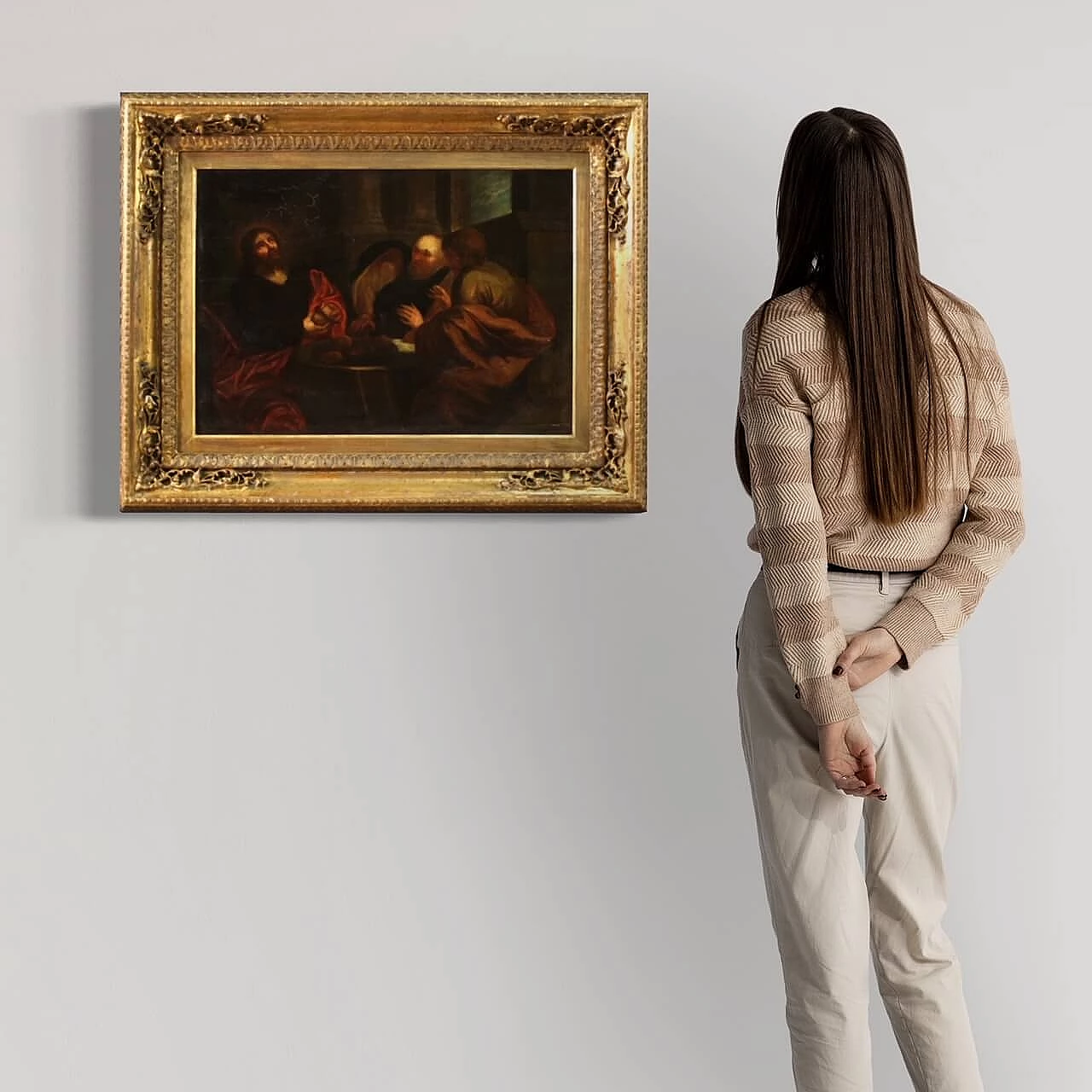 Dipinto fiammingo raffigurante Cena in Emmaus, olio su tavola, '700 14