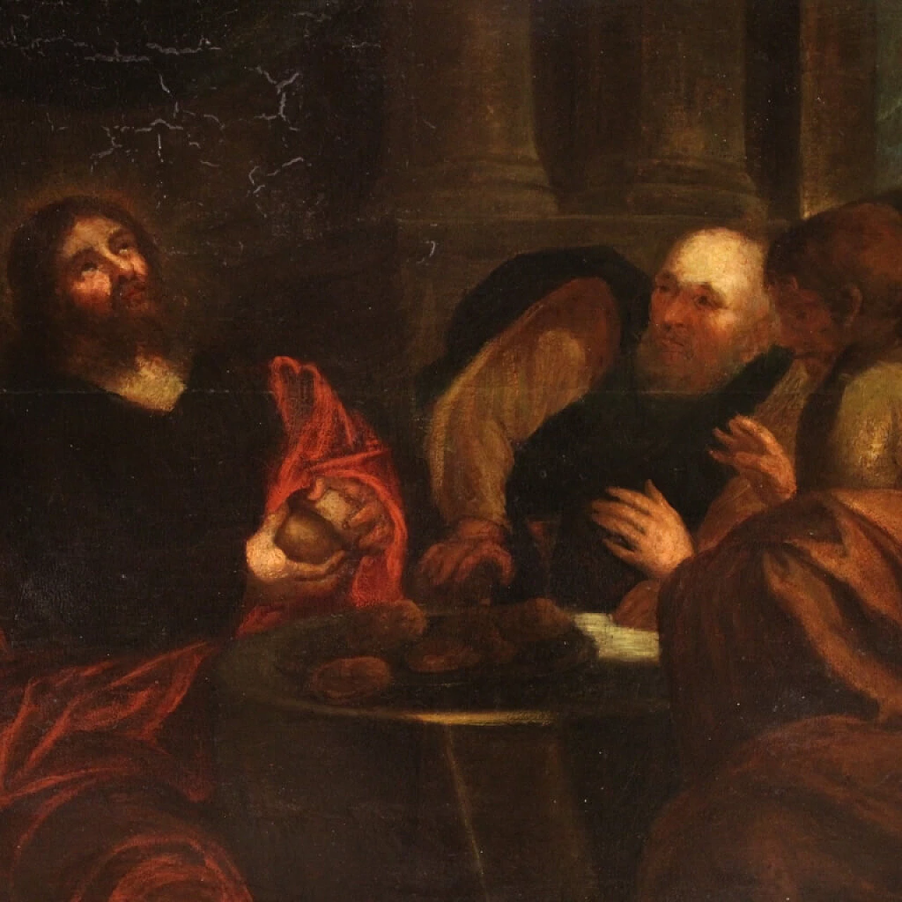 Dipinto fiammingo raffigurante Cena in Emmaus, olio su tavola, '700 15