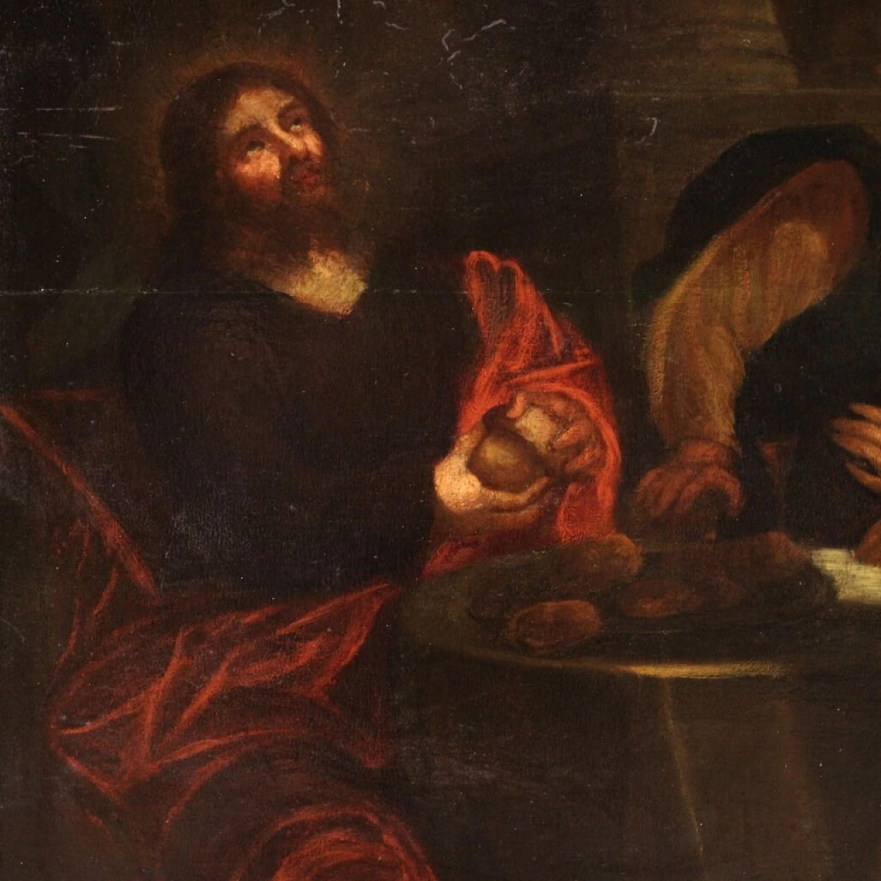 Dipinto fiammingo raffigurante Cena in Emmaus, olio su tavola, '700 16