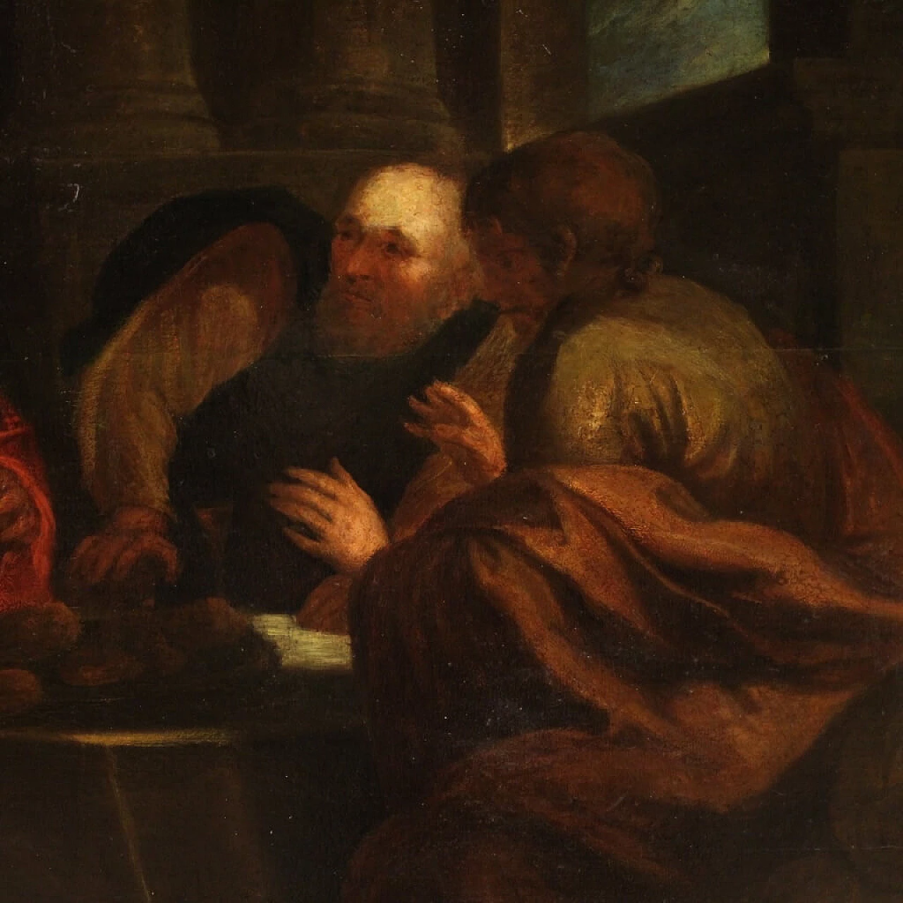 Dipinto fiammingo raffigurante Cena in Emmaus, olio su tavola, '700 17