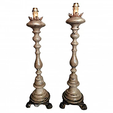 Pair of turned wooden altar candlesticks, 19th century