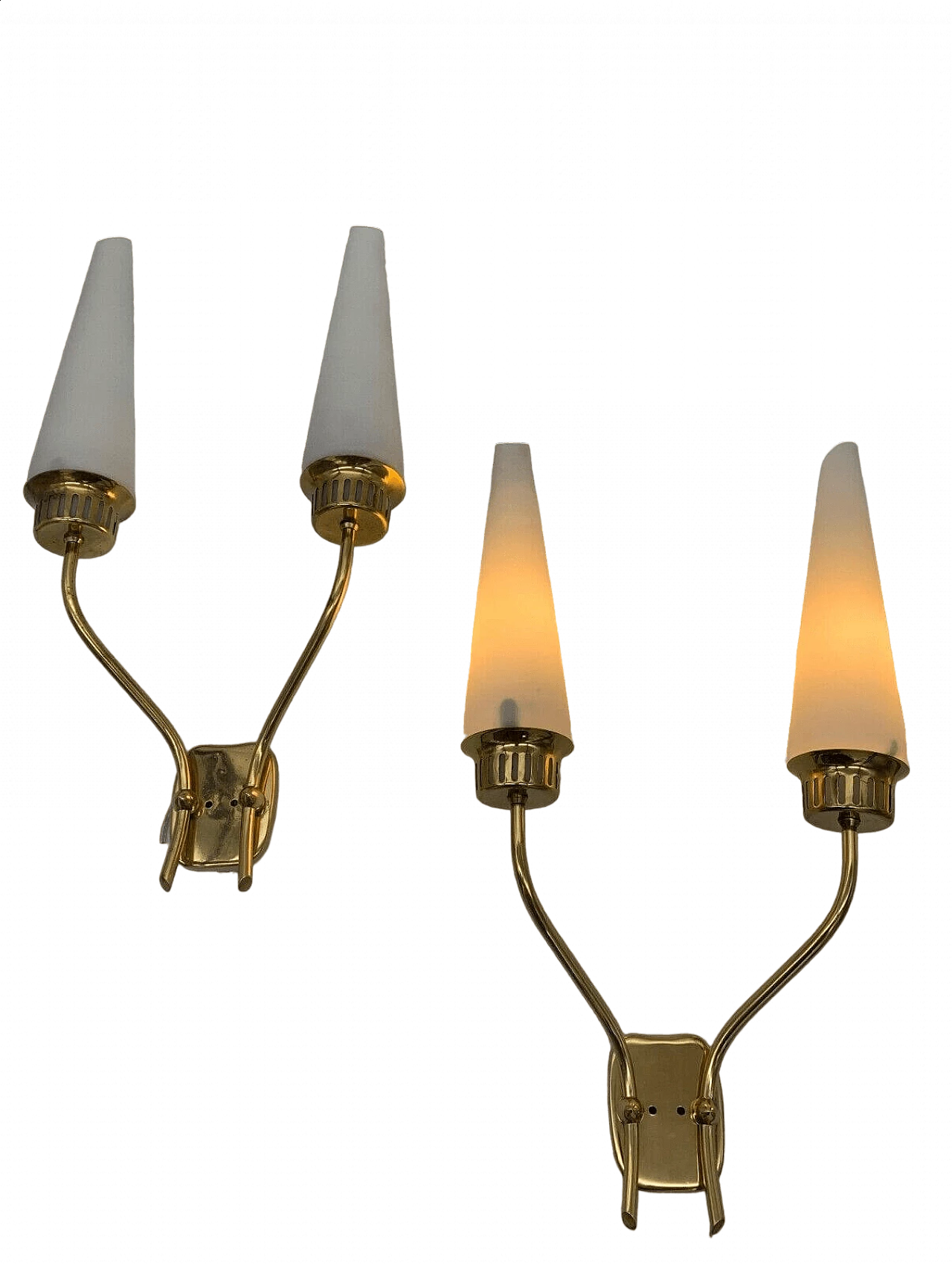 Pair of two-light iron and brass wall sconces attributed to Stilnovo, 1960s 5