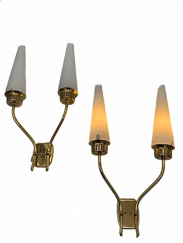 Pair of two-light iron and brass wall sconces attributed to Stilnovo, 1960s