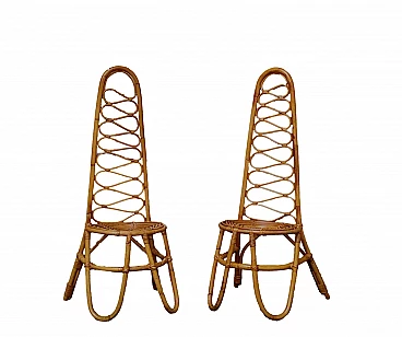 Coppia di sedie con schienale alto in rattan e bambù attribuite a Bonacina, anni '60