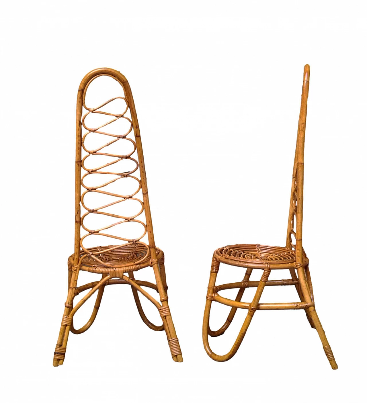 Coppia di sedie con schienale alto in rattan e bambù attribuite a Bonacina, anni '60 2