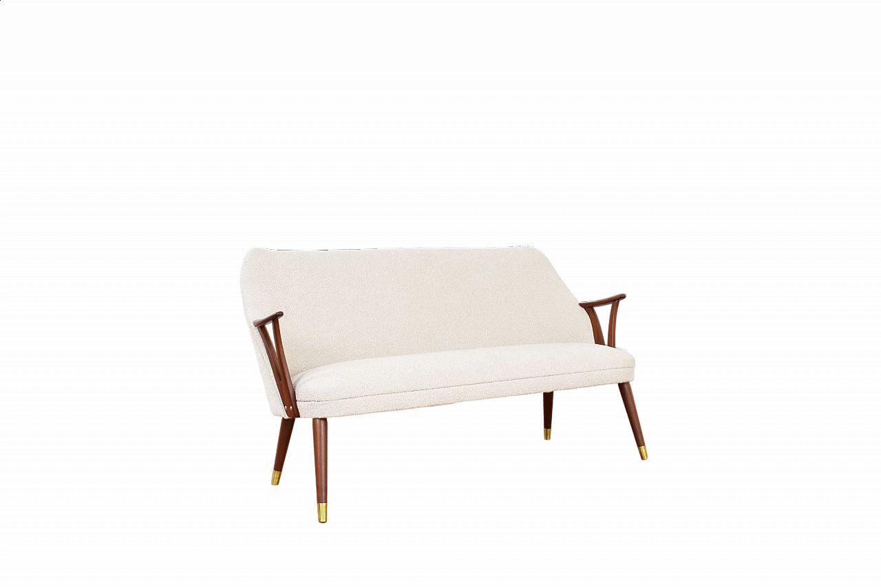 Norwegian teak, brass and beige bouclé fabric sofa, 1960s 12