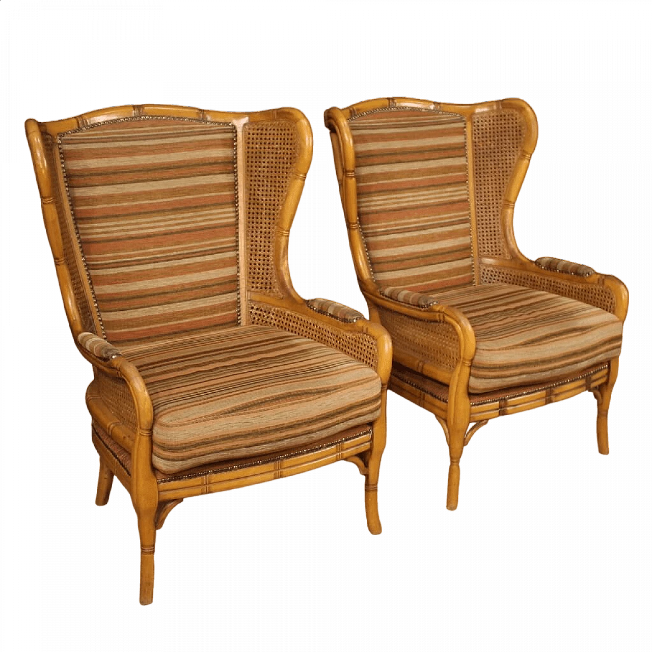 Pair of faux bamboo wood, Vienna straw and fabric armchairs, 1970s 13