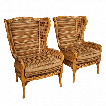 Pair of faux bamboo wood, Vienna straw and fabric armchairs, 1970s
