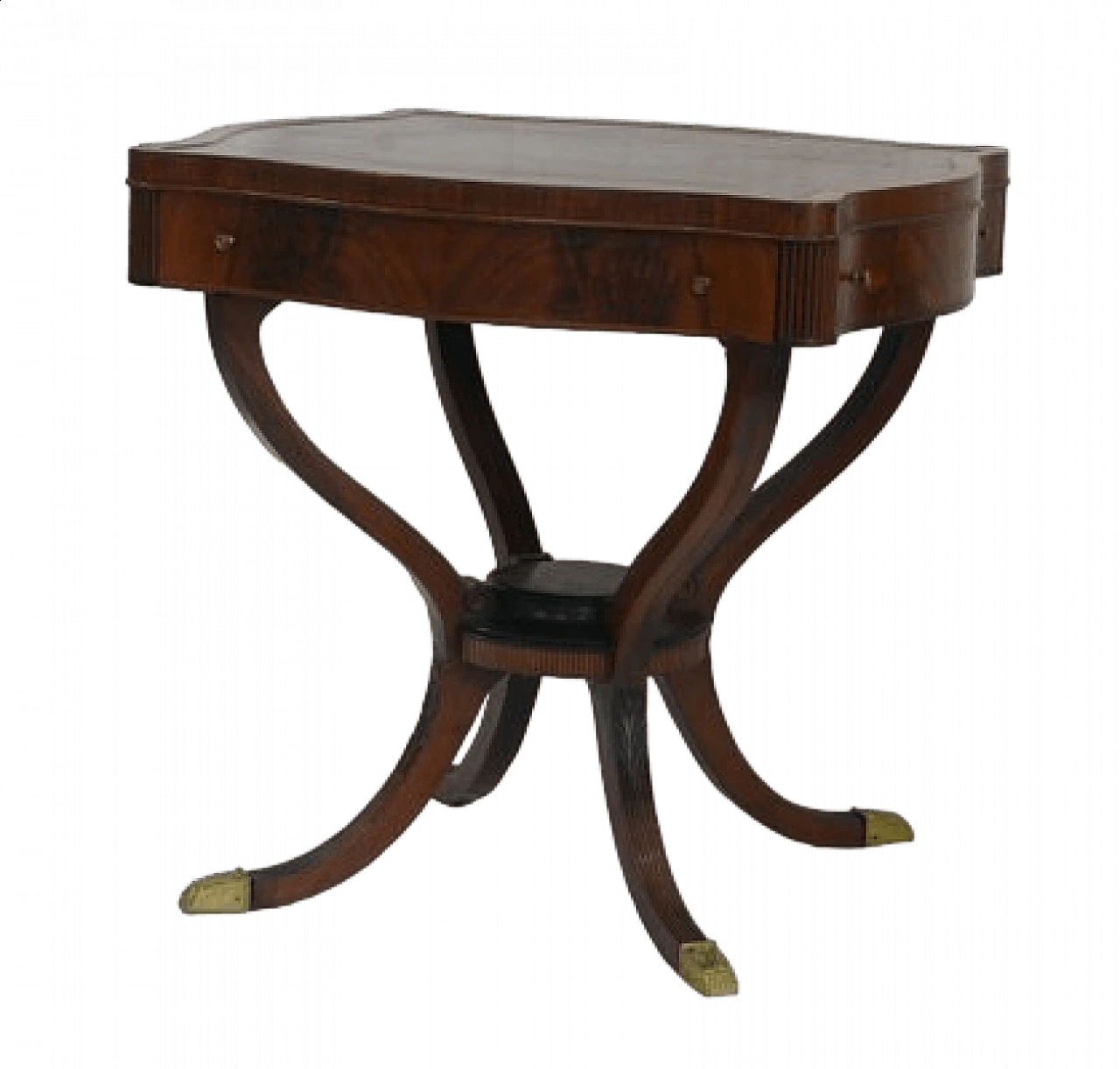 Tavolo da gioco in piuma di mogano con piedi e pomelli in bronzo, anni '20 11